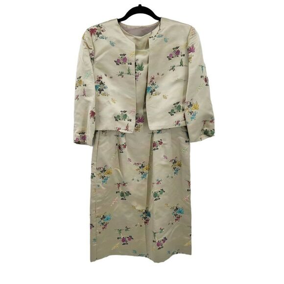 Vtg 60's Womens Dress 2pc Set Asian Satin Sheath‎ Bolero Jacket Gold Floral Sz M - Picture 16 of 17